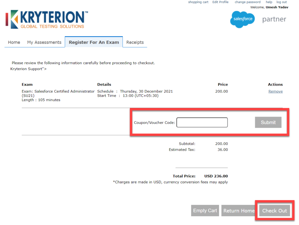 Salesforce Exam Registration Checkout Page