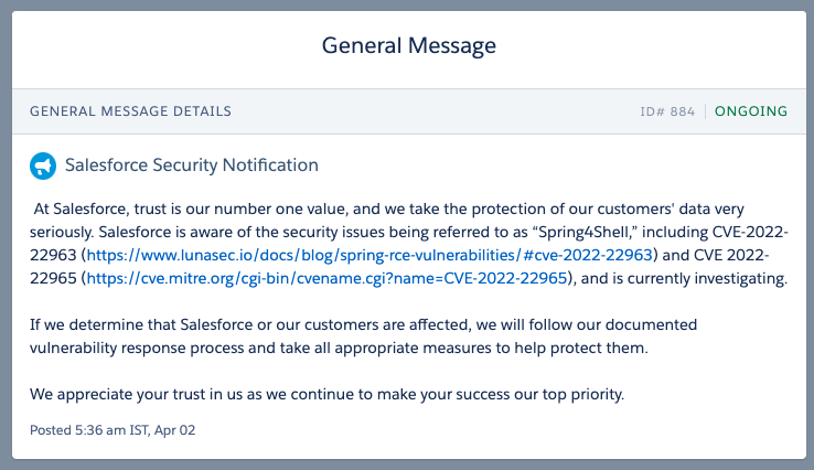 Salesforce Security Notification - Spring4Shell