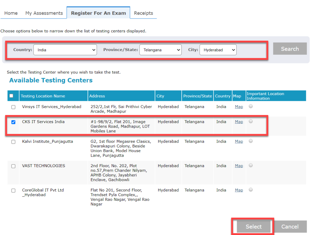 Salesforce Certification Registration Webassessor Test center selection