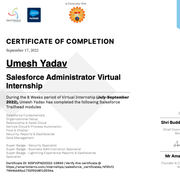 Salesforce Virtual Internship Program Certificate