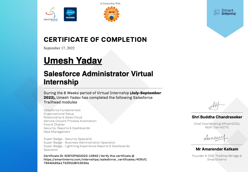 Salesforce Virtual Internship Program Umesh Yadav Certificate